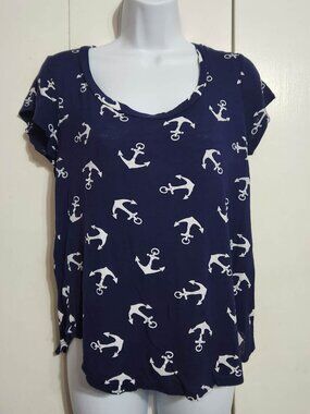 Annabelle USA Womens Medium Top Navy Blue Nautical Anchor Print Rayon Stretch